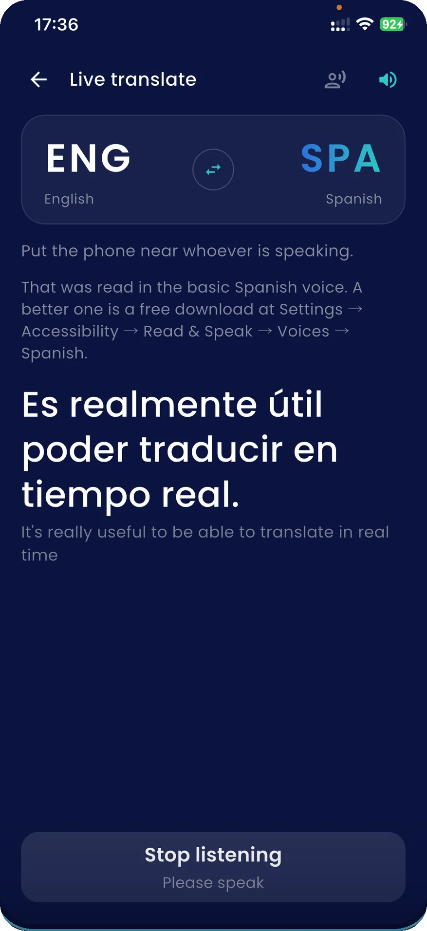 SofiLingo's live translate screen: a reminder to put the phone near whoever is speaking, then a Spanish sentence written large with its English translation underneath, over a Stop listening button.