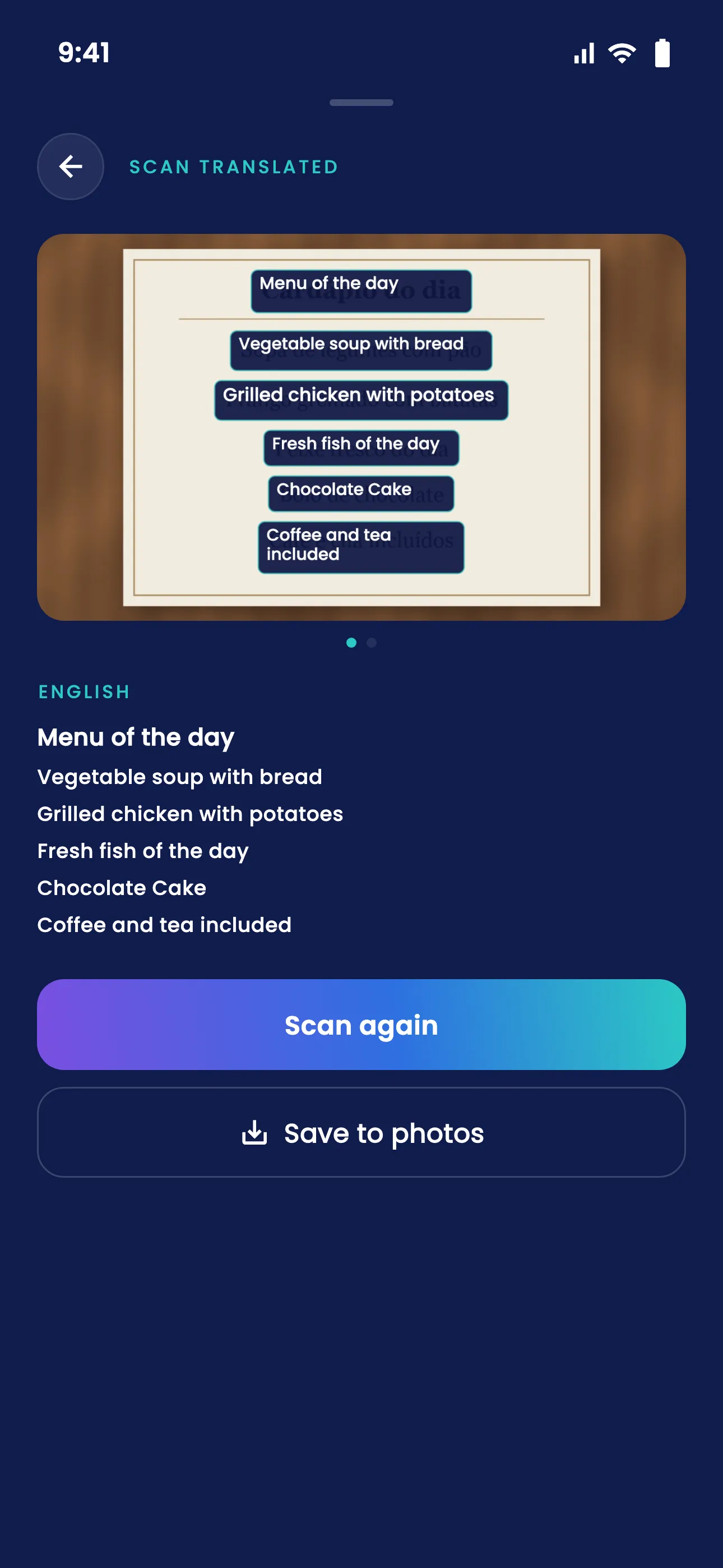 A Portuguese menu of the day scanned in SofiLingo: each line translated into English over the photo of the menu, with the full English text listed underneath.