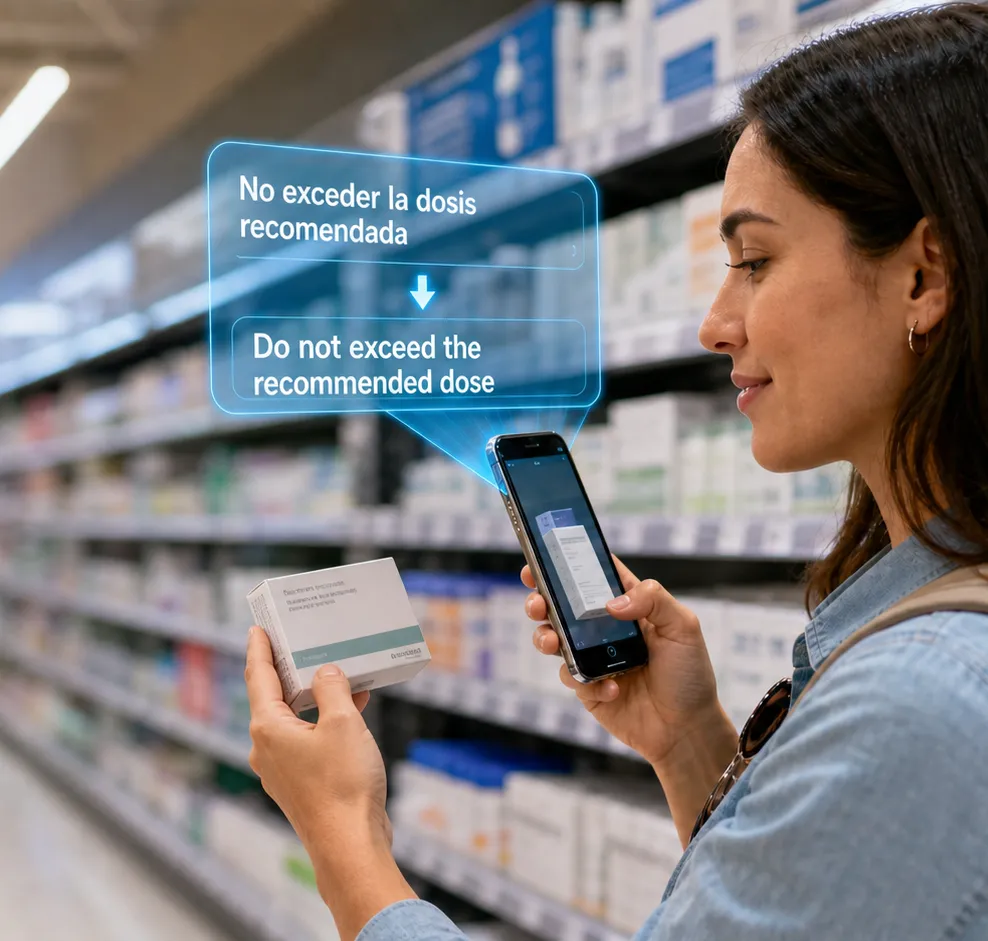 Scanning a medicine box in a supermarket, its Spanish dosage instruction translated to English on screen